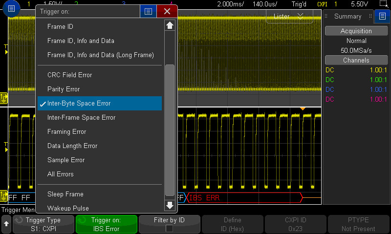 Dekódovanie zbernice CXPI na osciloskopoch Keysight DSOX3000T a DSOX4000